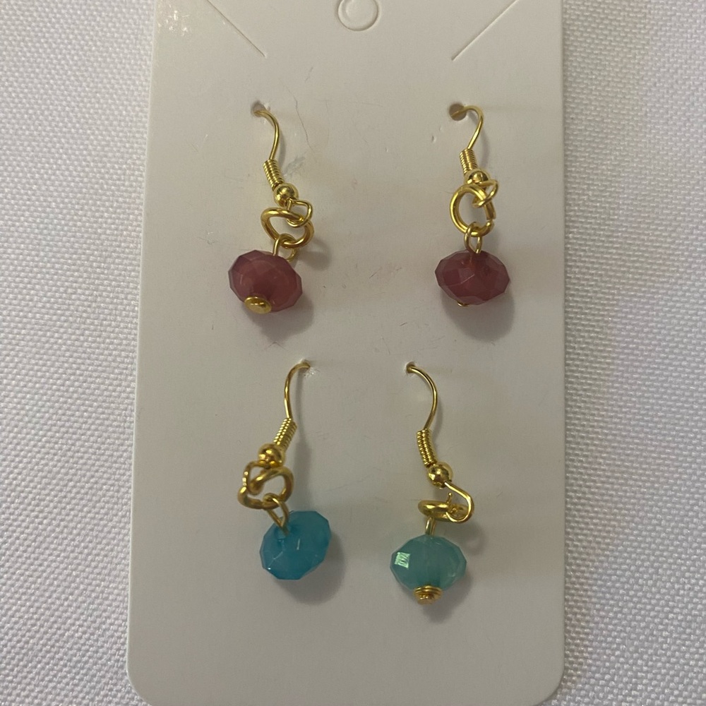 Gold Pink and Blue Earrings Set of 2 pairs